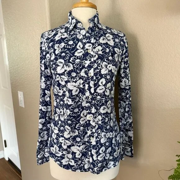 NWOT Polo Ralph Lauren Womens Floral Cotton Knit Oxford Shirt Navy White Medium - Picture 5 of 14